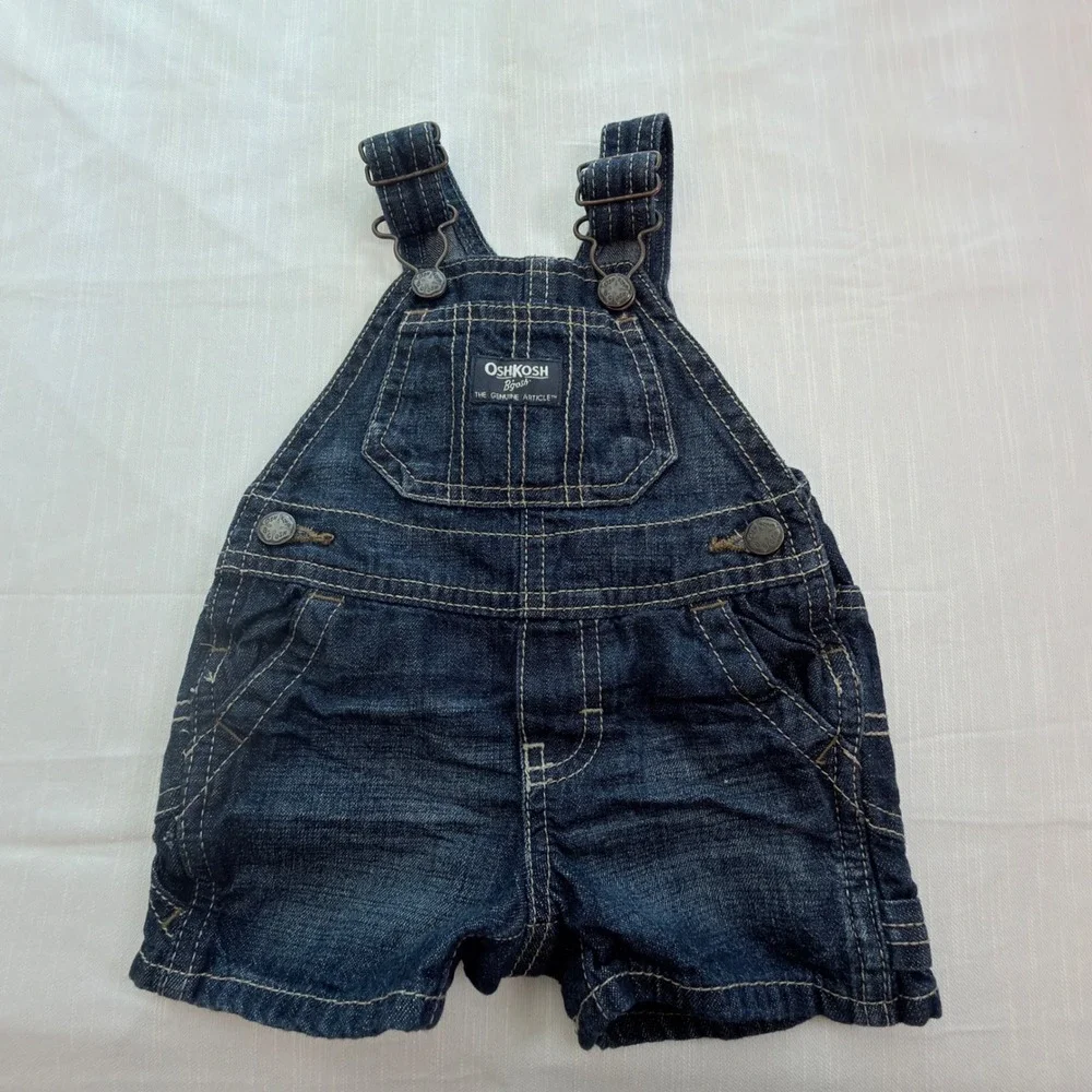 OshKosh B'gosh Denim Shortalls Baby 3M Dark Wash Excellent Vestbak Overalls